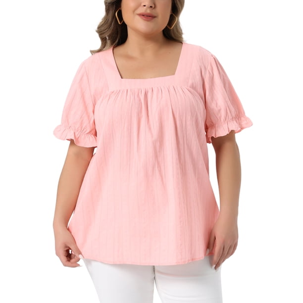 Blusa de verano casual con escote cuadrado, mangas con volantes y pliegues en la parte delantera, talla 1X, color rosa, para mujeres de talla grande, de Agnes Orinda, para Pascua.