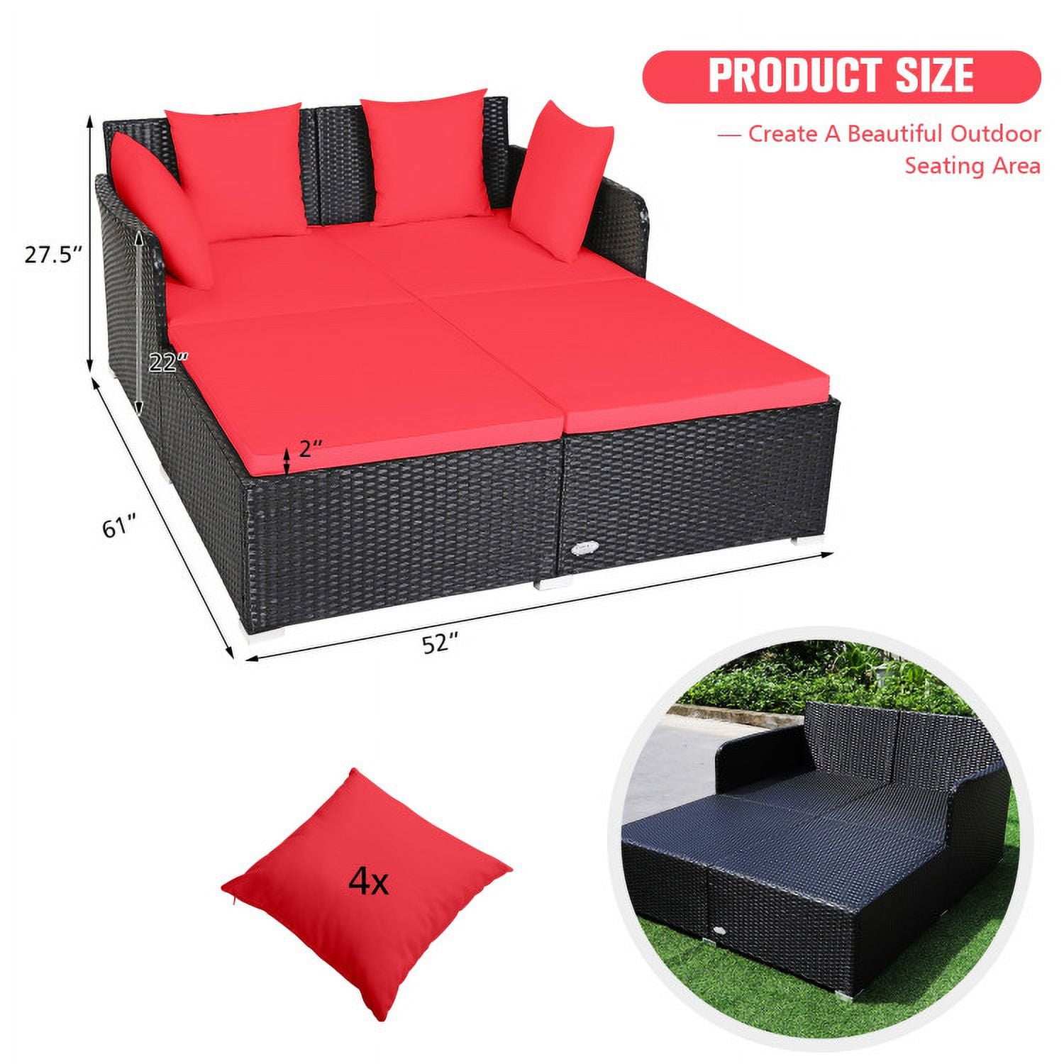 Aimee Lii Spacious Outdoor Rattan Daybed with Upholstered Cushions and Pillows, Outdoor Deck Furniture, Red Aimee Lii Spacious Outdoor Rattan Daybed with Upholstered Cushions and Pillows, Outdoor Deck Furniture, Red