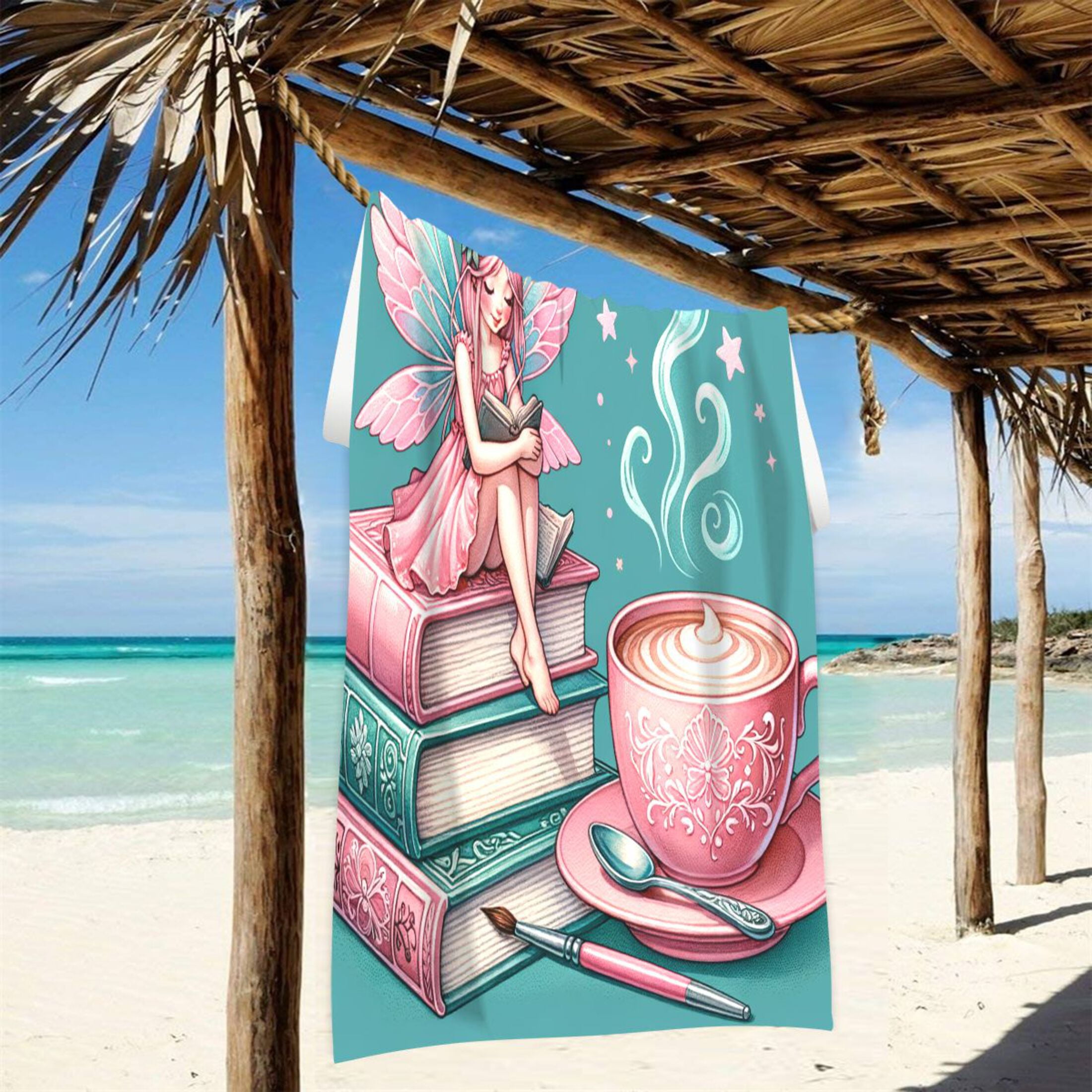 Oversized Beach Towel Extra Large Absorbent Microfiber Bath Towels Soft Quick Drying Fairy Sitting Book and Coffee 74"x37"