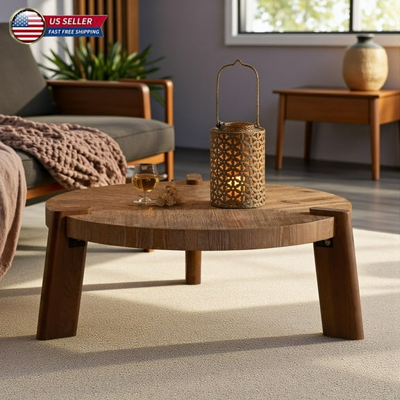 Hassch 36.6" Round MDF Coffee Table in Natural Wood Finish, Modern Rustic Accent Center Table, for Living Room, Small Space