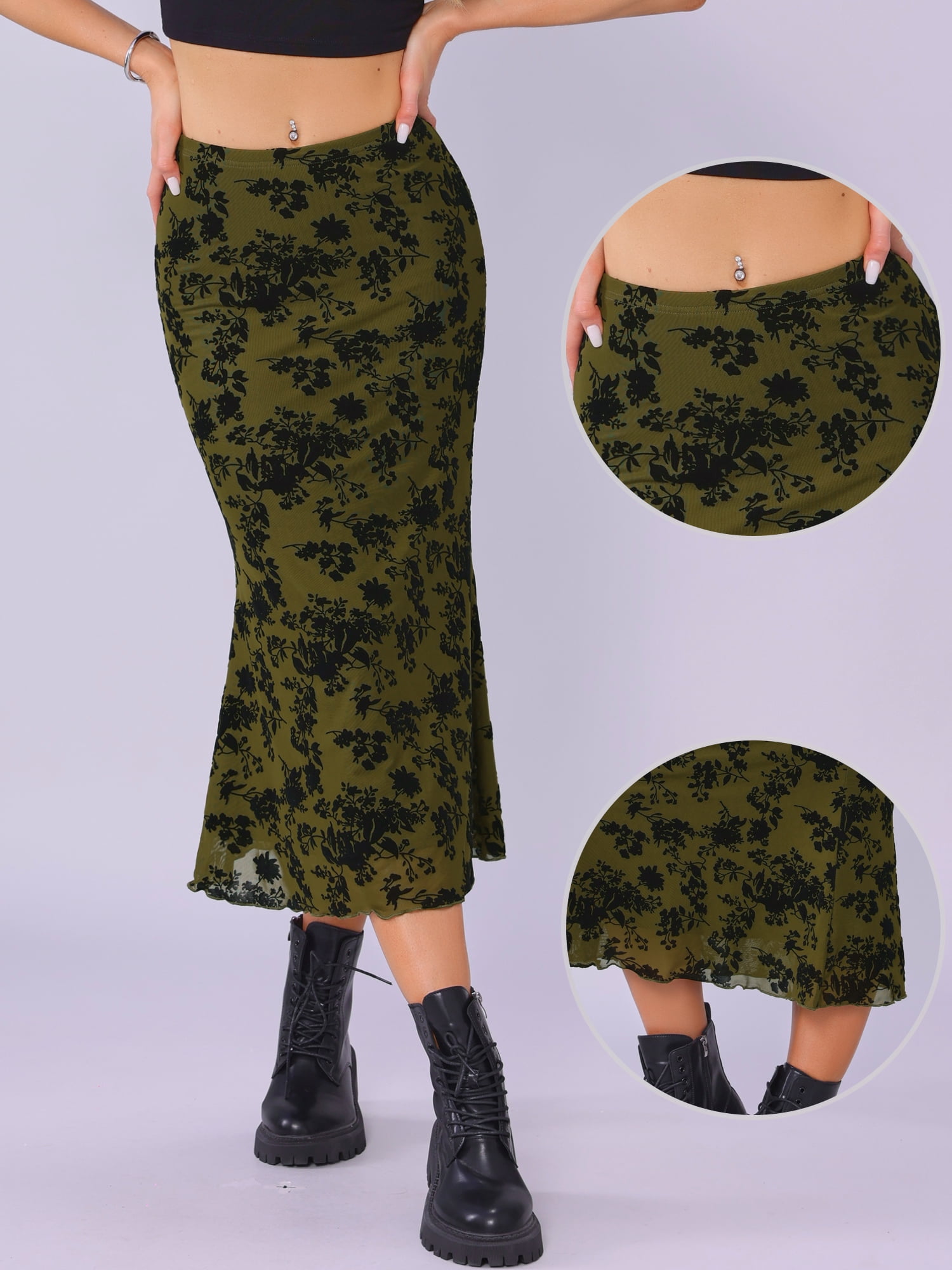 DARING DIVA Women's High Waist Bodycon Mesh Fishtail Midi Skirts L Olive Green