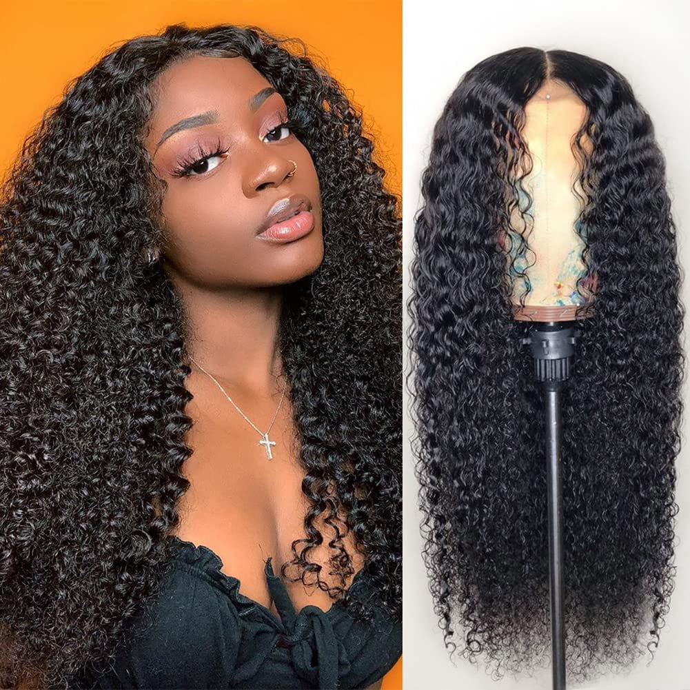 Jerry Curly Human Hair Wig 4x4 Closure Glueless Wigs Human Hair Pre Plucked Pre Cut Lace Closure Glueless Wigs Elastic Band 200% Density Natural Color, 26 Inch