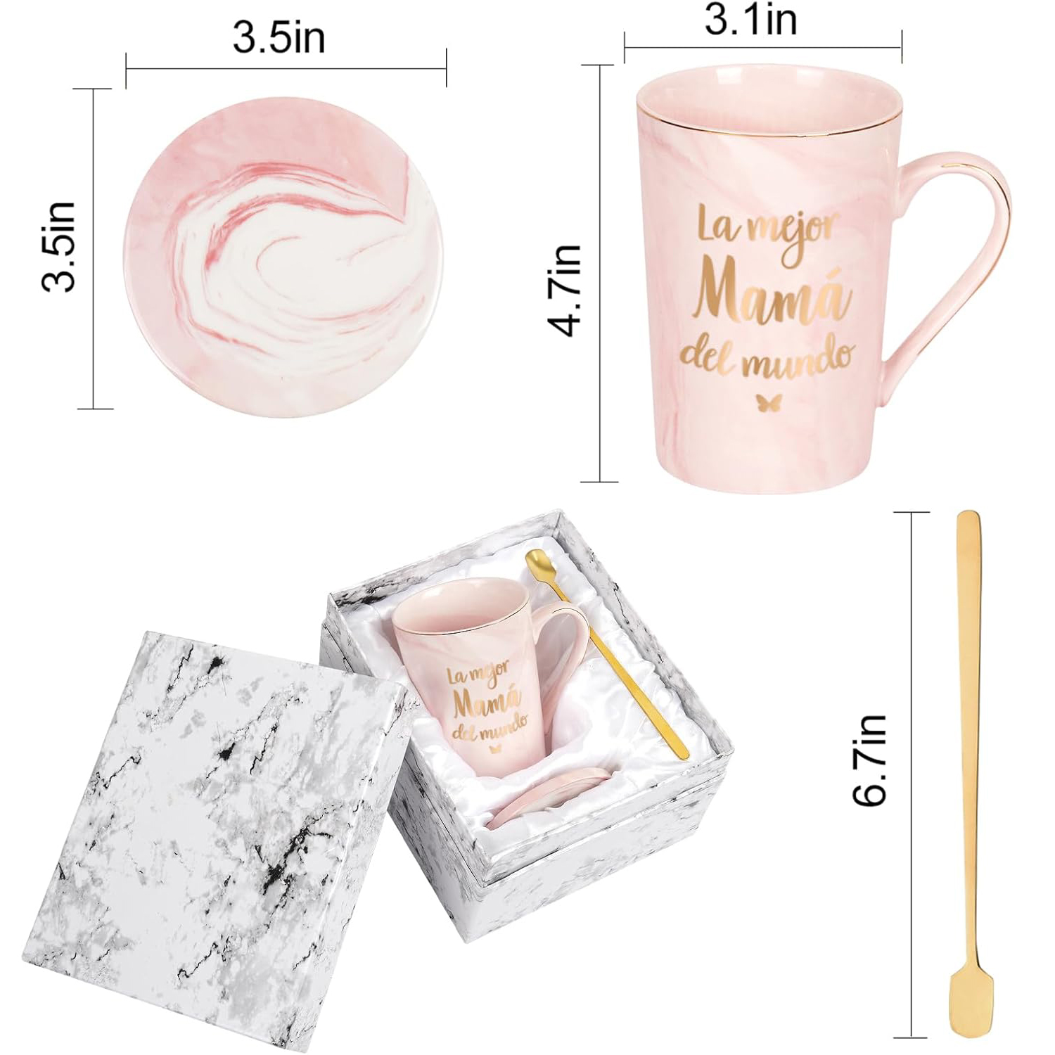 Gifts for Mother - La Mejor Mama Del Mundo Mugs, Mothers Day Gifts, Birthday Gifts, Christmas Gifts, Futtumy 14 fl oz Pink Marble Coffee Mugs Ceramic Mug Tea Cup