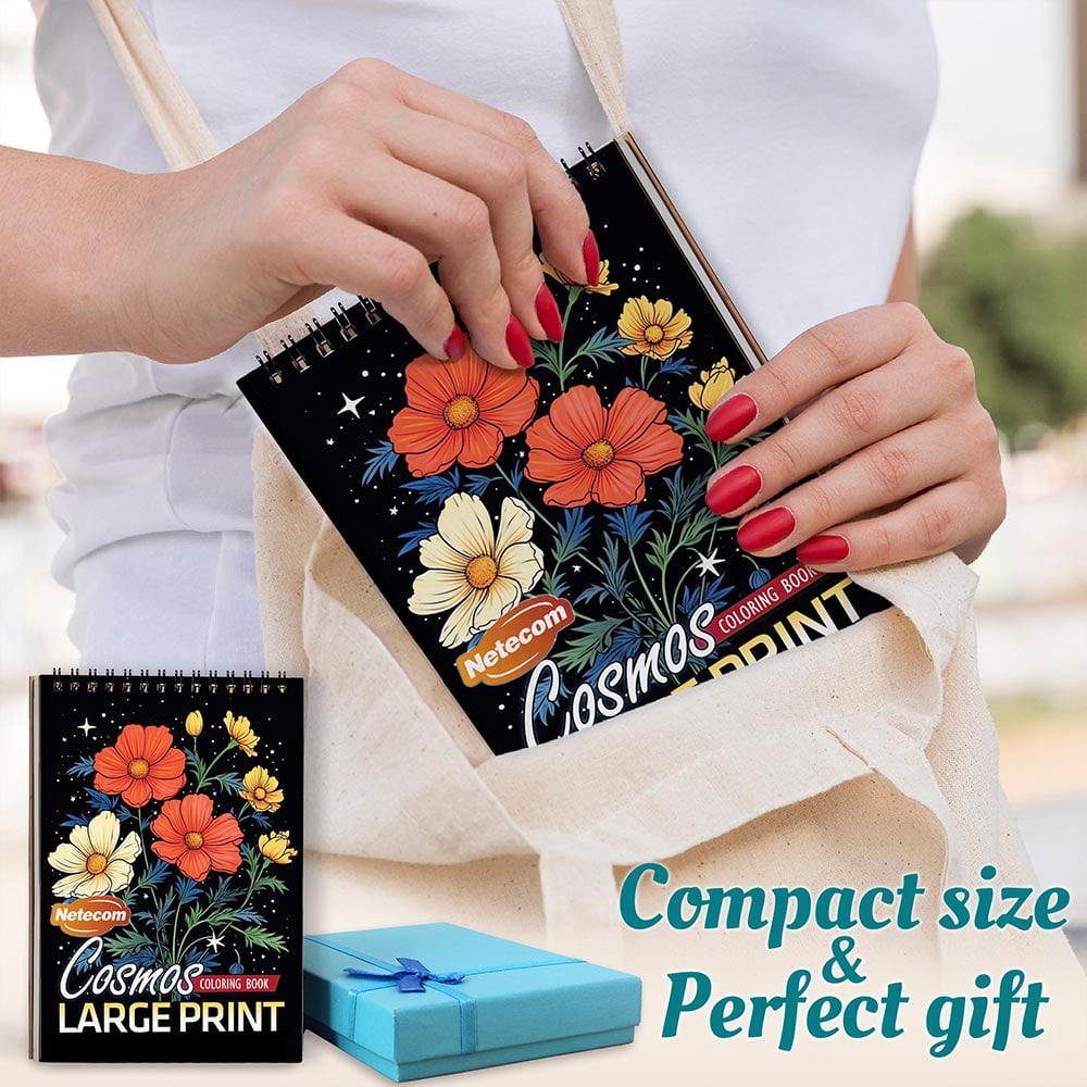 Netecom Large Print Cosmos Coloring Book Spiral Bound for Adults, A5 Wooden Cover, 30 Bold and Simple Flowers Coloring Pages of Oversized Designs for Stress Relief and Relaxation