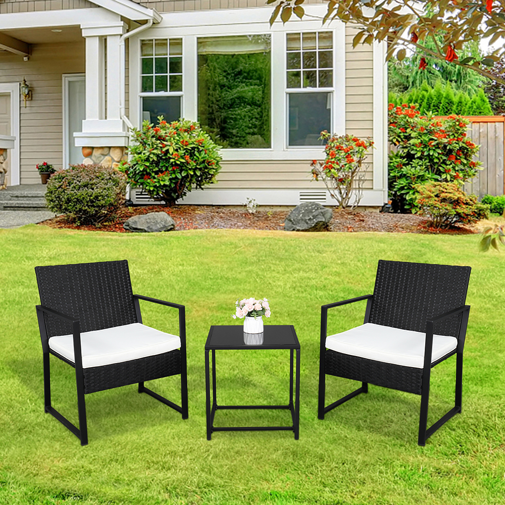 3 Piece Patio Sets, Outdoor Bistro Table Set, Patio Cushioned Chairs with Glass Top Table, All-Weather Wicker Conversation Set, Patio Furniture Set Include 2 Chairs with Cushions and 1 Tea Table, B170 - image 2 of 11