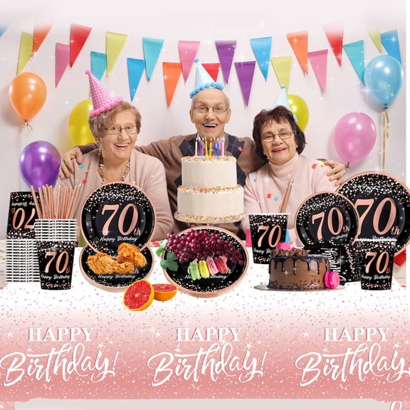 70th birthday decorations for women - (Total 121pcs) rose gold Birthday supplies Plates and Napkins, Cups, Straws, tablecloth, Disposable Tableware for 24 Guests