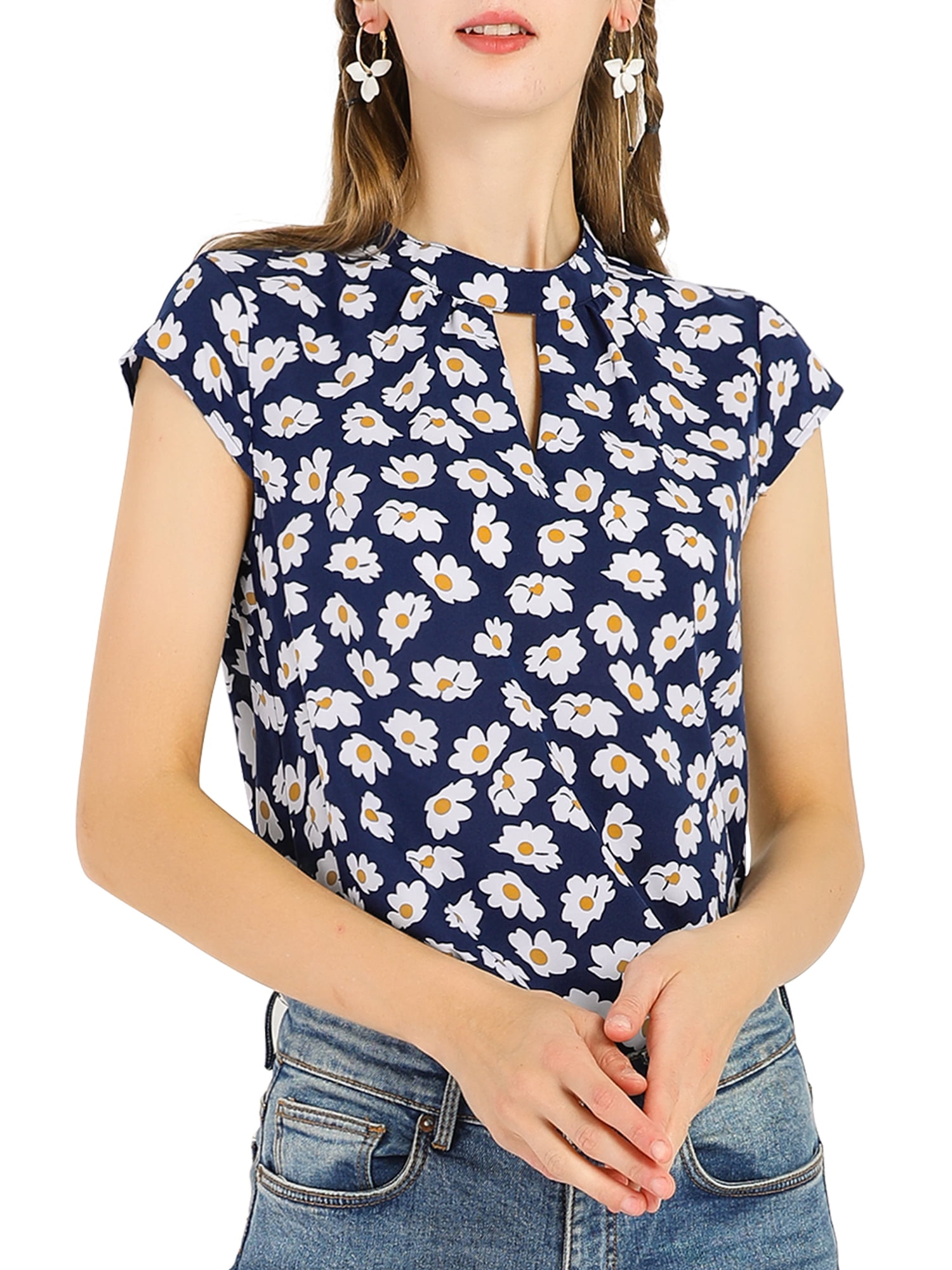Download Allegra K - Allegra K Women's Floral Cap Sleeve Mock Neck Keyhole Blouse M Navy Blue - Walmart ...