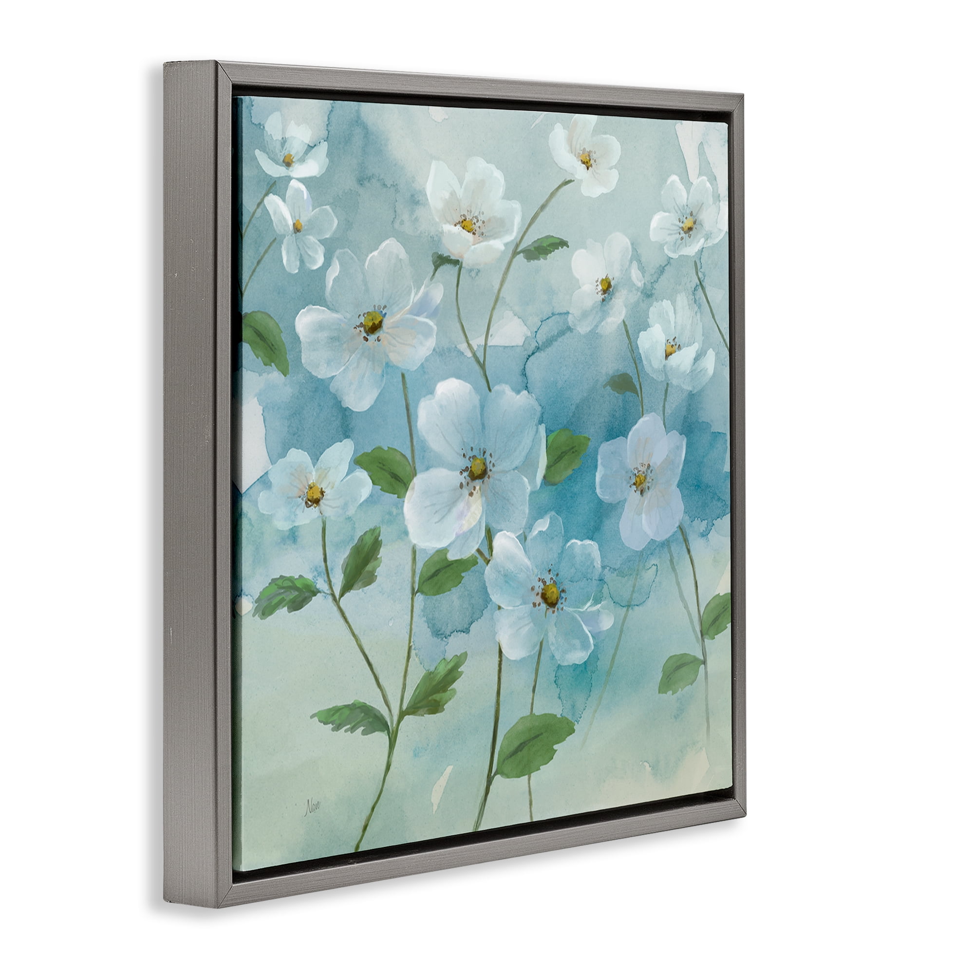 Stupell Industries Bountiful White Flowers Plants & Flowers Painting Gray Floater Framed Canvas Art Print Wall Art, 18 x 18