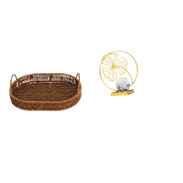 Cesta de mimbre tejida con hojas de hierro, frutero decorativo, organizador de ratán, escultura decorativa para escritorio de oficina y dormitorio.
