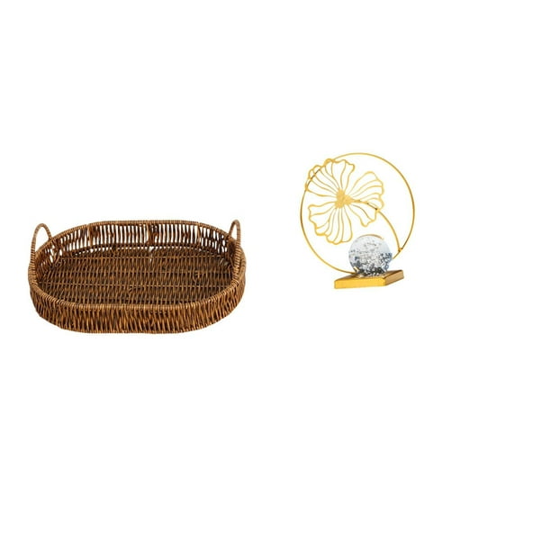 Bandeja de almacenamiento tejida a mano,Bandeja para servir de ratán tejido a mano con asa,Estatua de hoja,Estatua de hoja para decoración del hogar,manualidades y obras de arte.,Escultura de