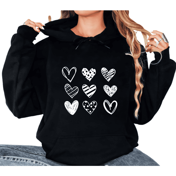 Oversized Print hoodie Graphic Sweatshirt Funky Heart Grid Washed Black Shirts Women S-2XL Tops