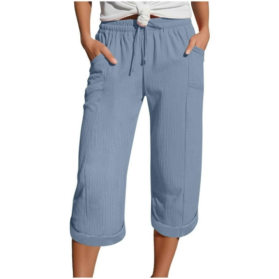 AHTJRT Women's Summer Cotton Capris 2026 Beach Trousers with Pockets Lightweight Drawstring Waist Trousers Dressy Stretch Straight Leg Shorts Light Blue#03 M