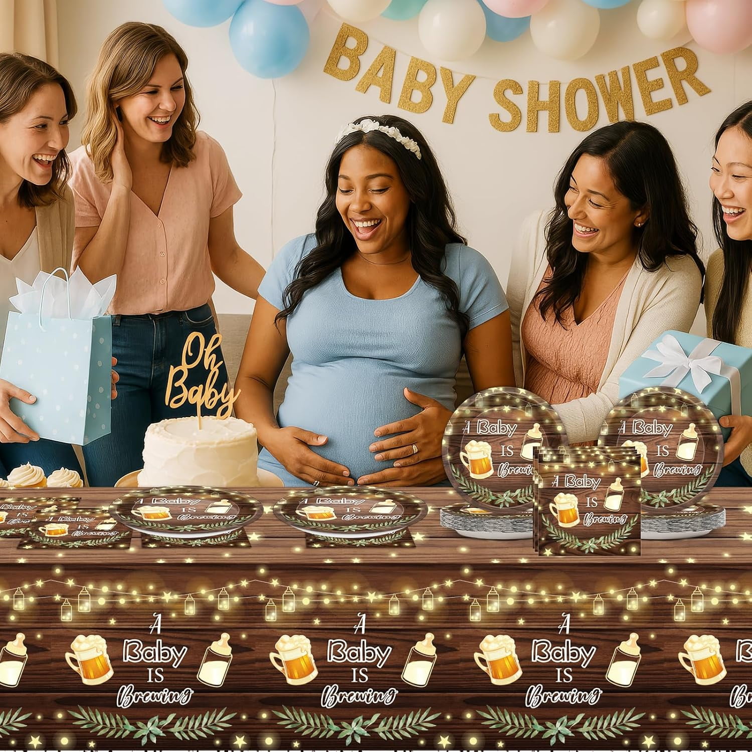 49Pcs A Baby is Brewing Baby Shower Decorations Baby Shower Plates Napkins and Tablecloth for Birthday Party Disposable Tableware Set Beer Party Table Decorations Favors Serves 24 Guests