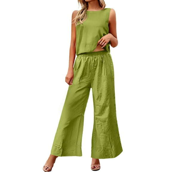 GILIGEGE Two Piece Sets for Women Summer Women Linen Set Casual 2 Piece Outfits Matching Set Summer Solid Color Sleeveless Crop Top Wide Leg Pants Suits Green L