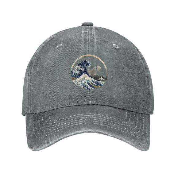ZICANCN Adjustable Baseball Cap Women, Japanese Great Wave Hats for Men Adult Washed Cotton Denim Baseball Caps Fashion, Gray