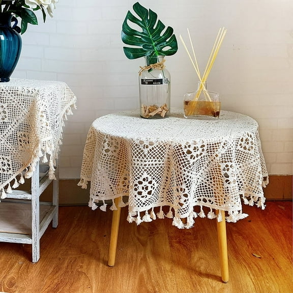 Beige Crochet Vintage Round Lace Tablecloths with Tassels, Cotton Table Cover for Kitchen Dinner Wedding Party Banquet Décor