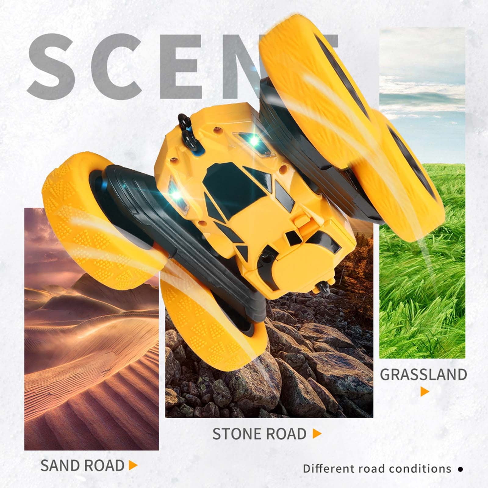 Yellow Yellow Rechargeable Double Sided Stunt Car 360 Degree Rotating Tumbling Rc Vehicle With Led Lights Remote Toy