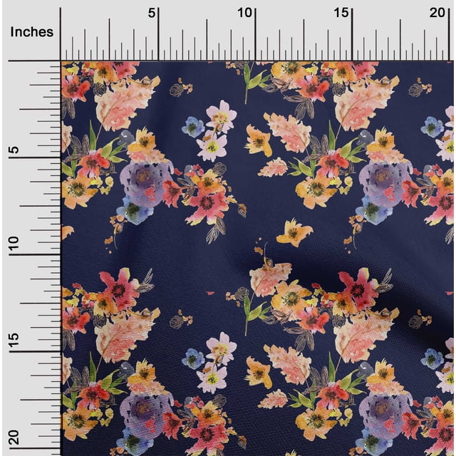 oneOone Polyester Lycra Navy Blue Fabric Flower Watercolor Craft Projects Decor Fabric Printed By The Yard 56 Inch Wide