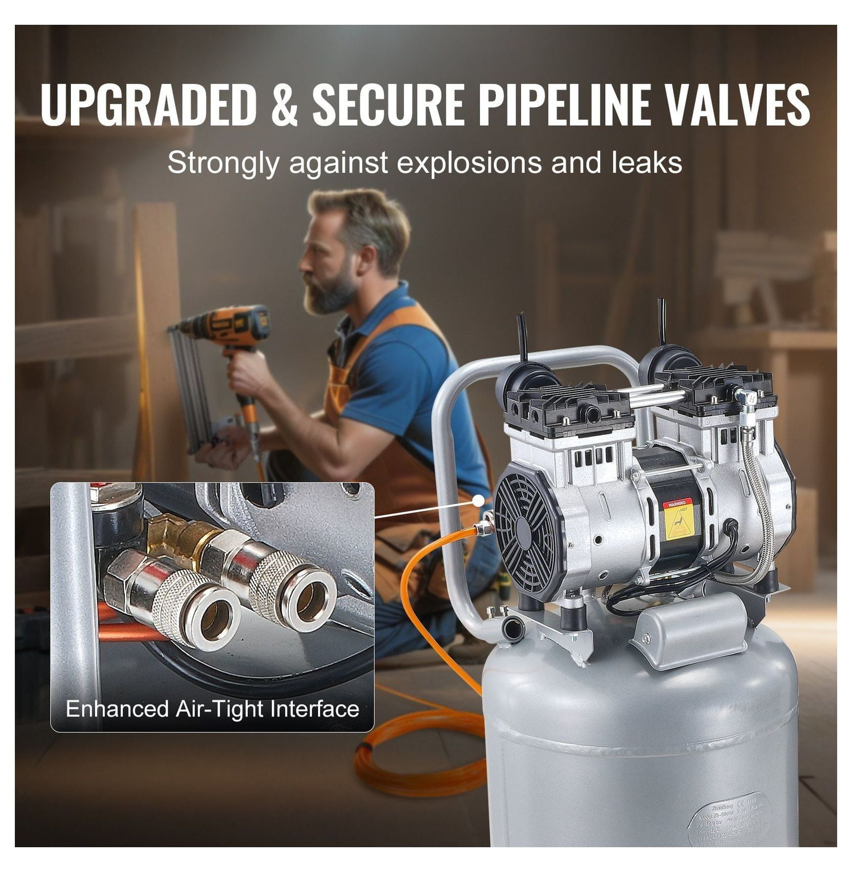 13 Gallon Air Compressor, 2HP Oil-Free, 4.6 SCFM@90PSI, 66dB Quiet, for Tire Inflation, Auto Repair, Woodworking, Spray Painting