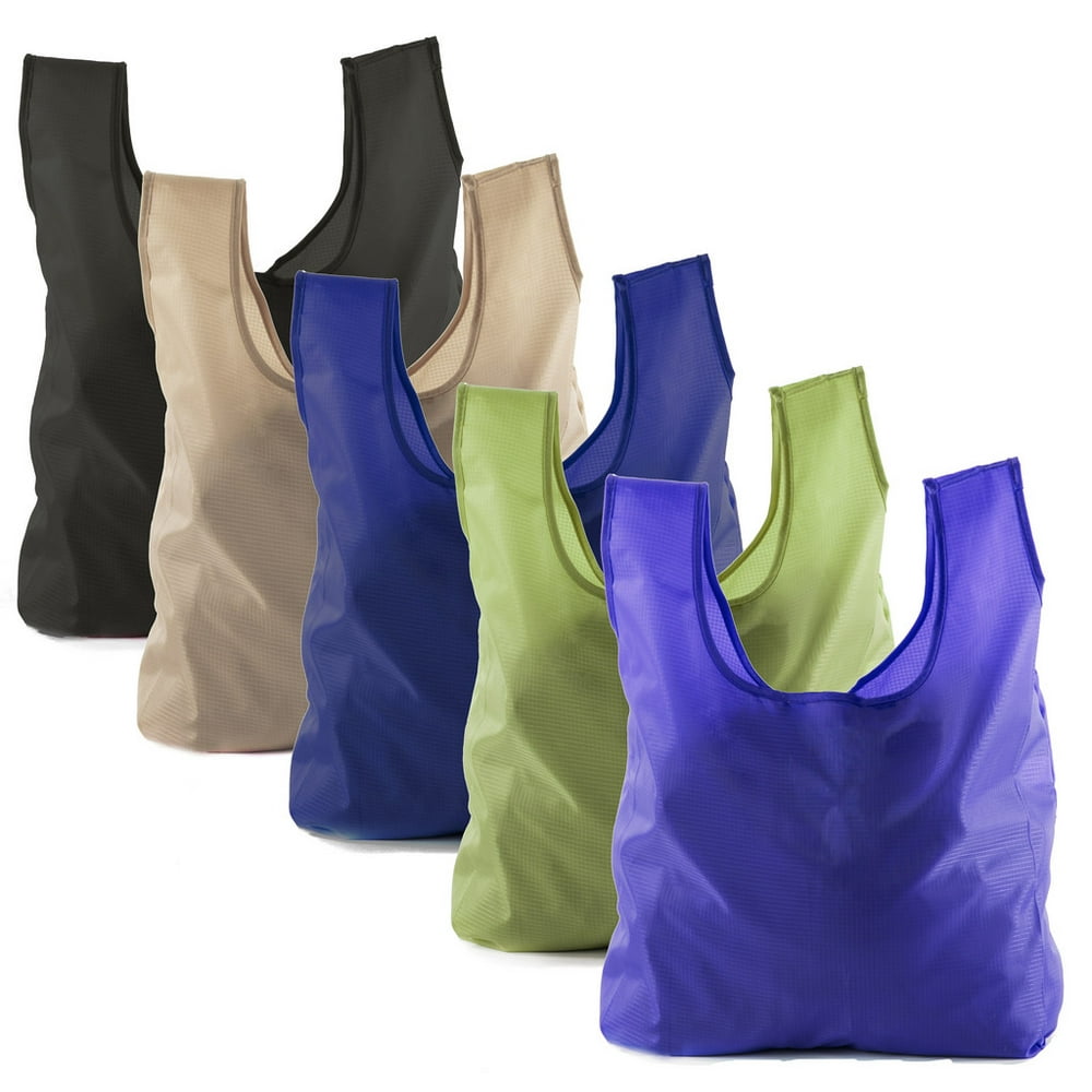 Reusable Grocery Bags Foldable w/ Integrated String Pouch Ripstop