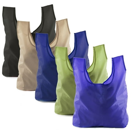 Reusable Grocery Bags | Foldable w/ Integrated String Pouch | Ripstop Nylon Tote - 5PK Dark Mix CA2650