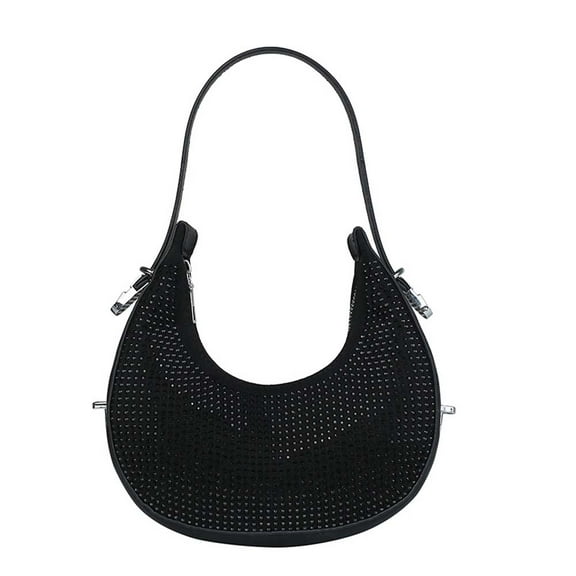 Yucurem Elegant Women Diamond Crescent Underarm Handbag, Shiny Zipper PU Shoulder Bags for Party (Black)
