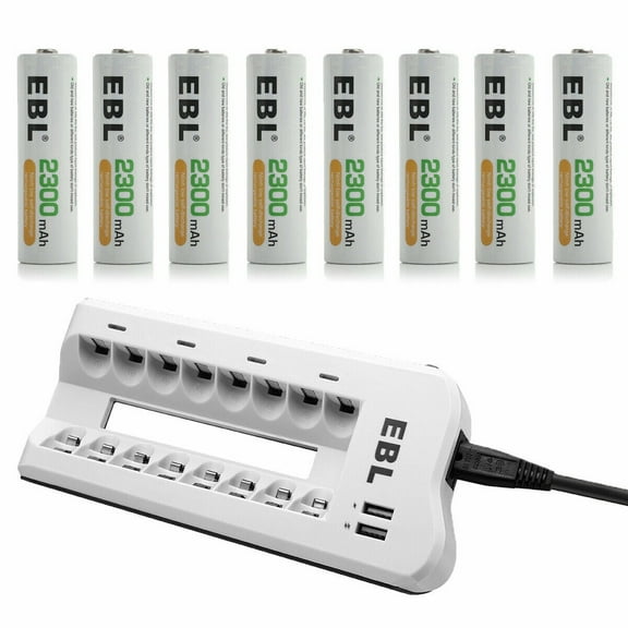 EBL Rechargeable AA Batteries with 8 Bay Battery Charger for AA AAA Ni-MH Ni-CD Batteries with USB Ports, 8 Count