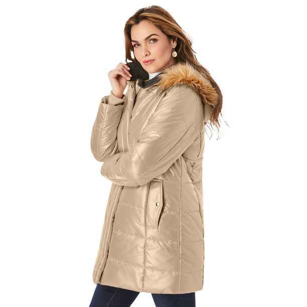 Plus Size Classic Length Puffer Jacket, Beige Puffer Coat With Fur Hood