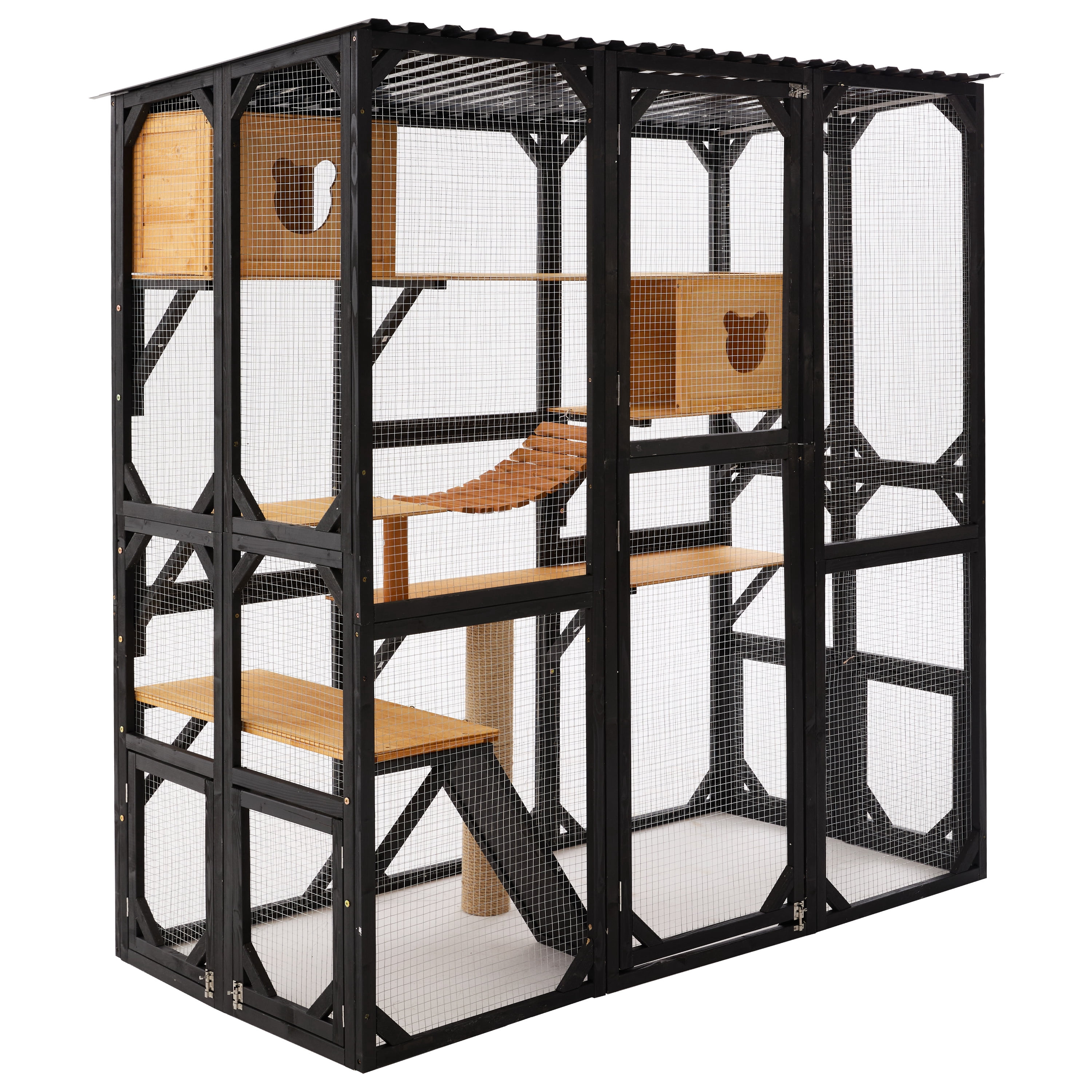 LiviNest Outdoor Cat Enclosure Catio: 7-in-1 Cat Playpen with 2 Houses & 5 Platforms - 67"L x 33.9"W x 70"H Fir Wood Cat House for Backyard Patio & Indoor Use - Secure Metal Mesh & Scratching Post fo