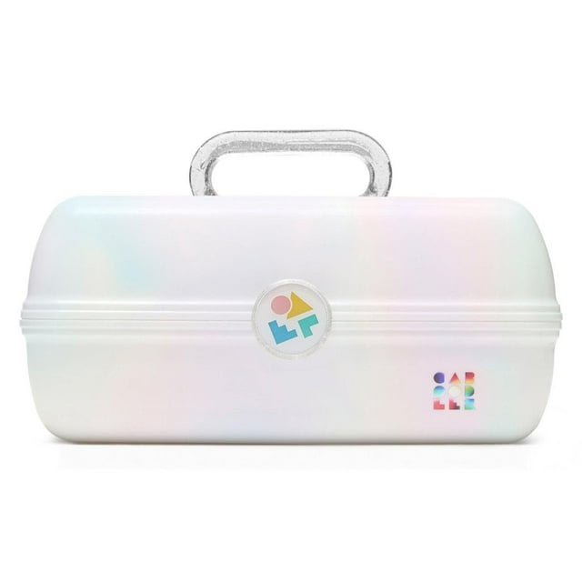 Caja de maquillaje de ópalo blanco, caja organizadora de maquillaje de plástico duro, espejo integrado, cierre seguro para viajes seguros, almacenamiento amplio para artículos