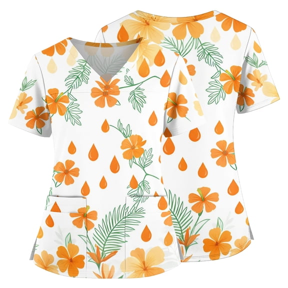 Scrub Tops Women Hawaiian Print Short Sleeve V Neck Breathable Medical Scrub Shirt