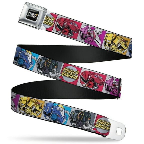 Power Rangers Belt, Seatbelt Buckle Belt, Sabans Power Rangers Zord and Icon Blocks and Title Logo, 30 to 44 Inches
