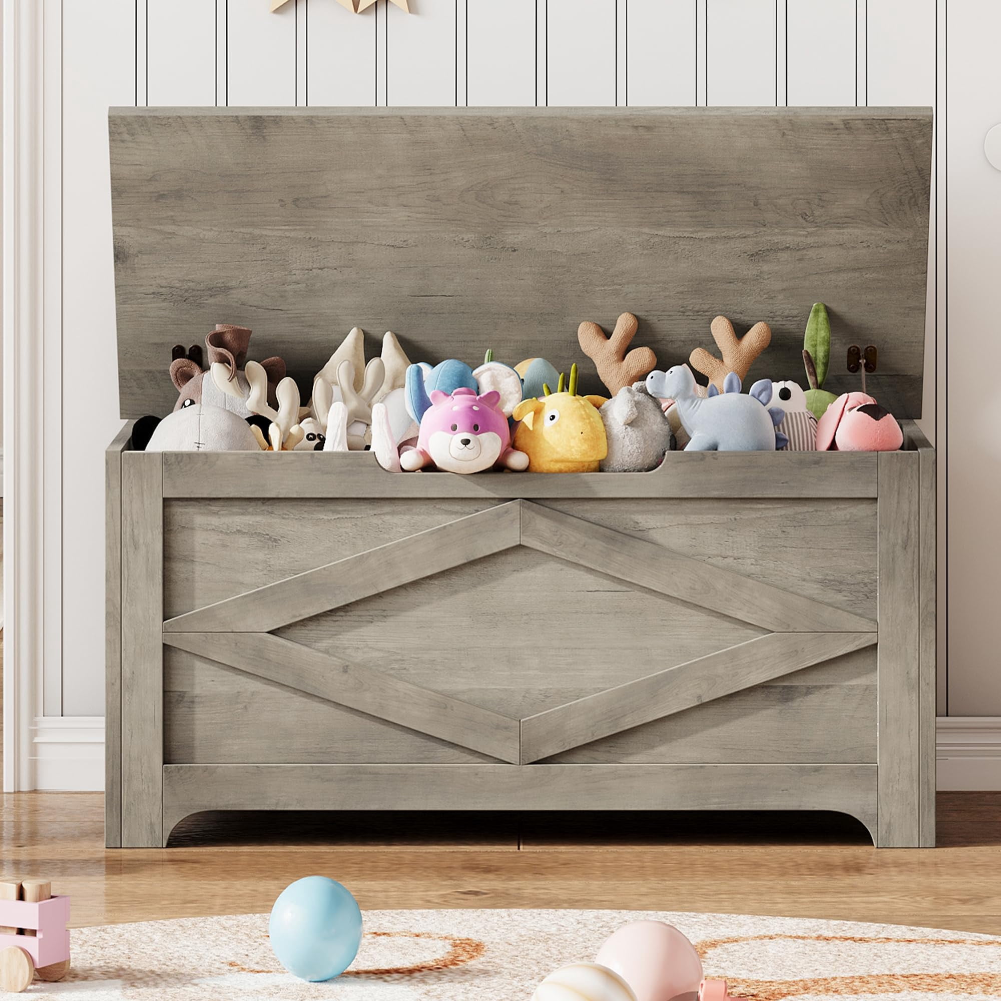 KOKEBREN 39.4"L Storage Chest, Wooden Toy Storage Bench, Modern Style Lift-Top Toy Chest with Safety Hinge for Entryway, Bedroom, Living Room,Greige