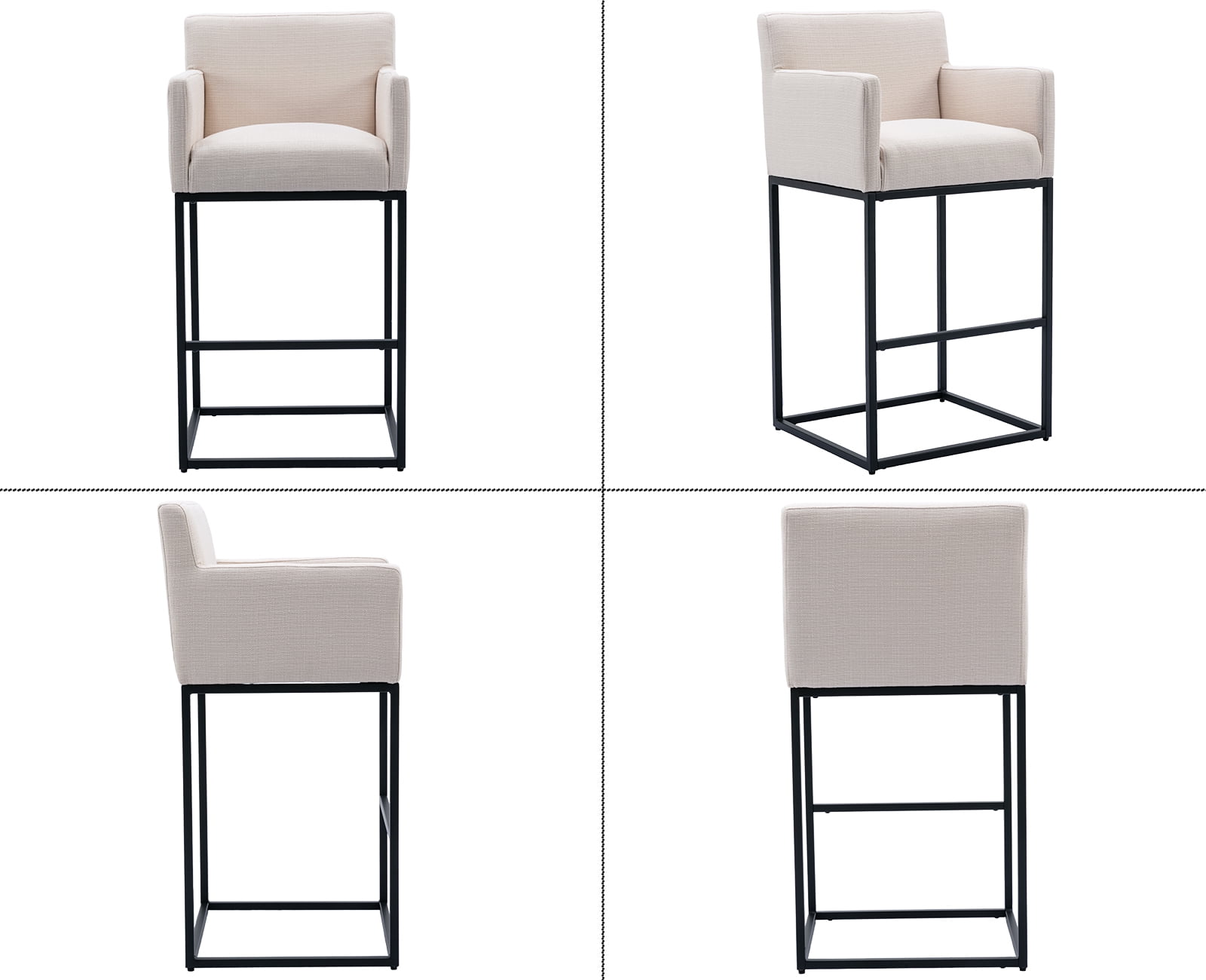 Guyou 30.75" Modern Bar Stools Set of 2, Linen Upholstered Counter Height Bar Stool with Back and Arms, Kitchen Island Stool with Black Metal Frame for Home Bar Restaurant, Cream