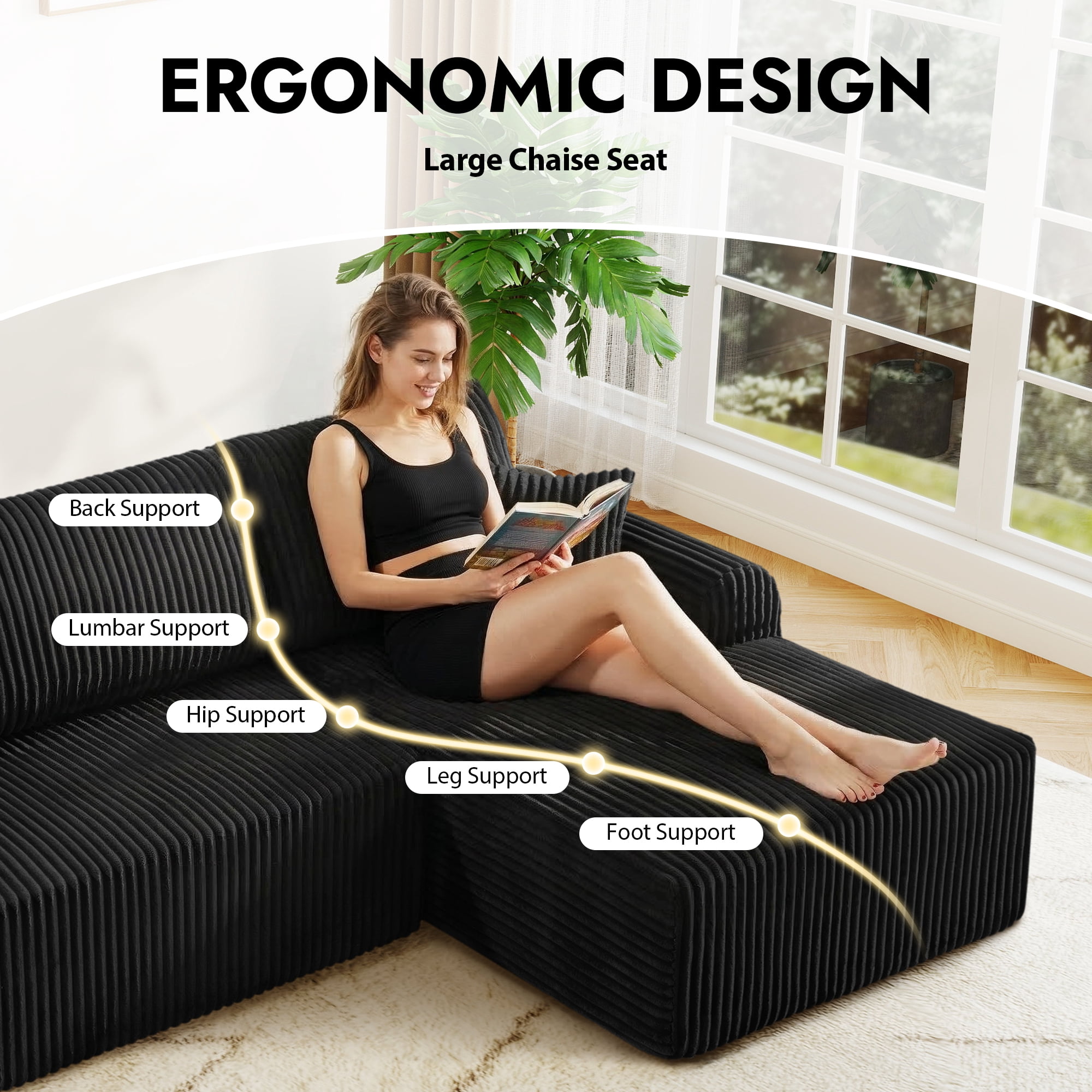 Aukfa 109" Modular Cloud Sectional Sofa with L-Shape Chaise, Corduroy Upholstered Deep Seat Couch, Right Facing Chaise, No Assembly Boneless Sofa for Living Room/Bedroom/Apartment, Black