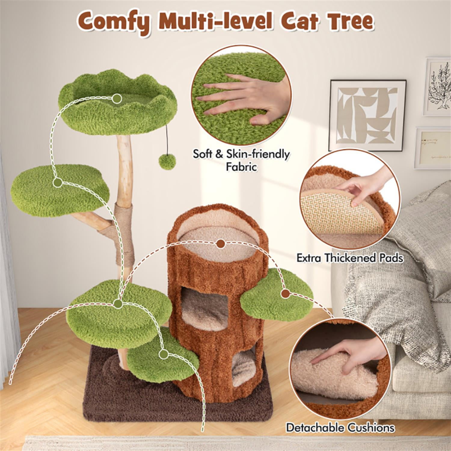 resenkos 55" Cat Tree Tower with Dual Condos for Indoor Cats, Plush Cat House with Padded Perch, Scratching Panel and Posts, Brown