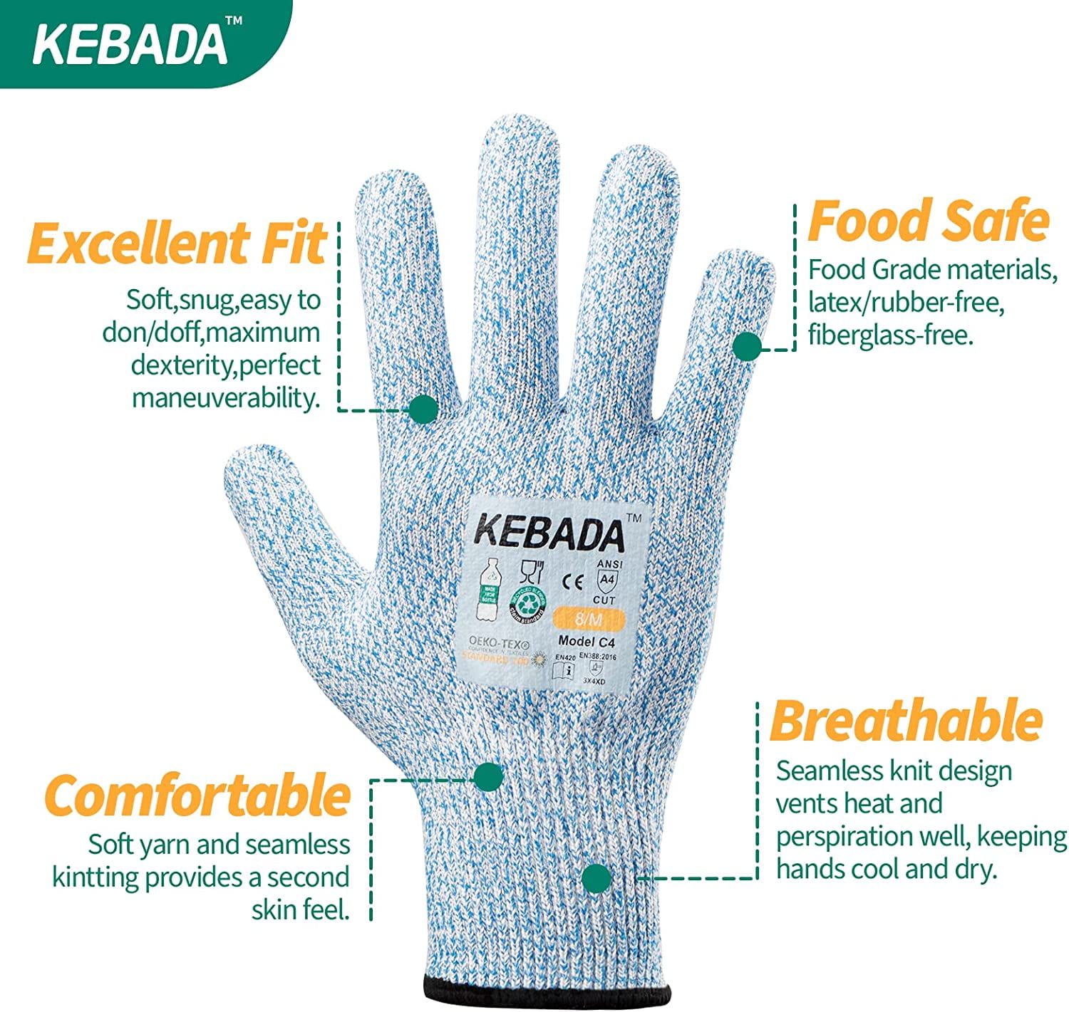 Kebada Cut Resistant Gloves, 100% Food Grade Cutting Gloves, ANSI A4  Protection Anti Cut Gloves; Glass-Free and Steel-Free, Level 5 Knife Gloves  C4