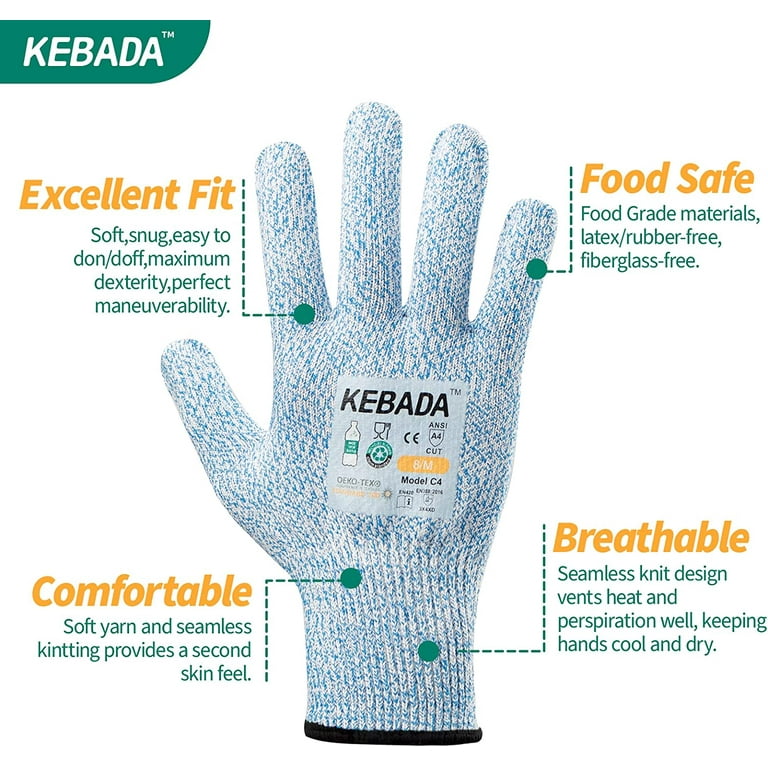 Kebada Cut Resistant Gloves, 100% Food Grade Cutting Gloves, ANSI A4  Protection Anti Cut Gloves; Glass-Free and Steel-Free, Level 5 Knife Gloves  C4