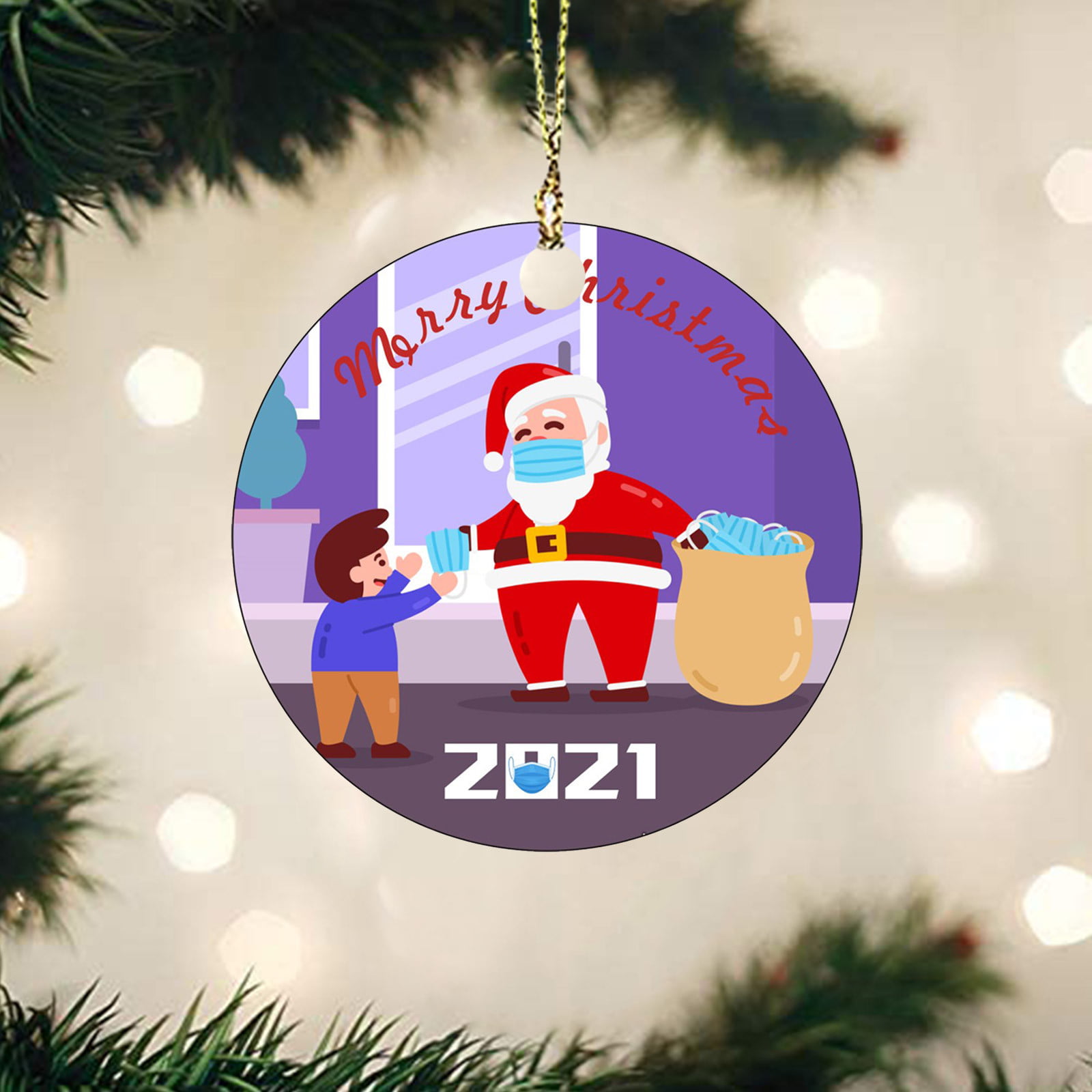 3Pcs 2021 Christmas Decorations Set Christmas Tree Ornaments Santa Claus Car Record Funny Event Two Side HD Printed Luxurious Gift Wrap Ceramic Hanging Accessories Family Friends Gifts