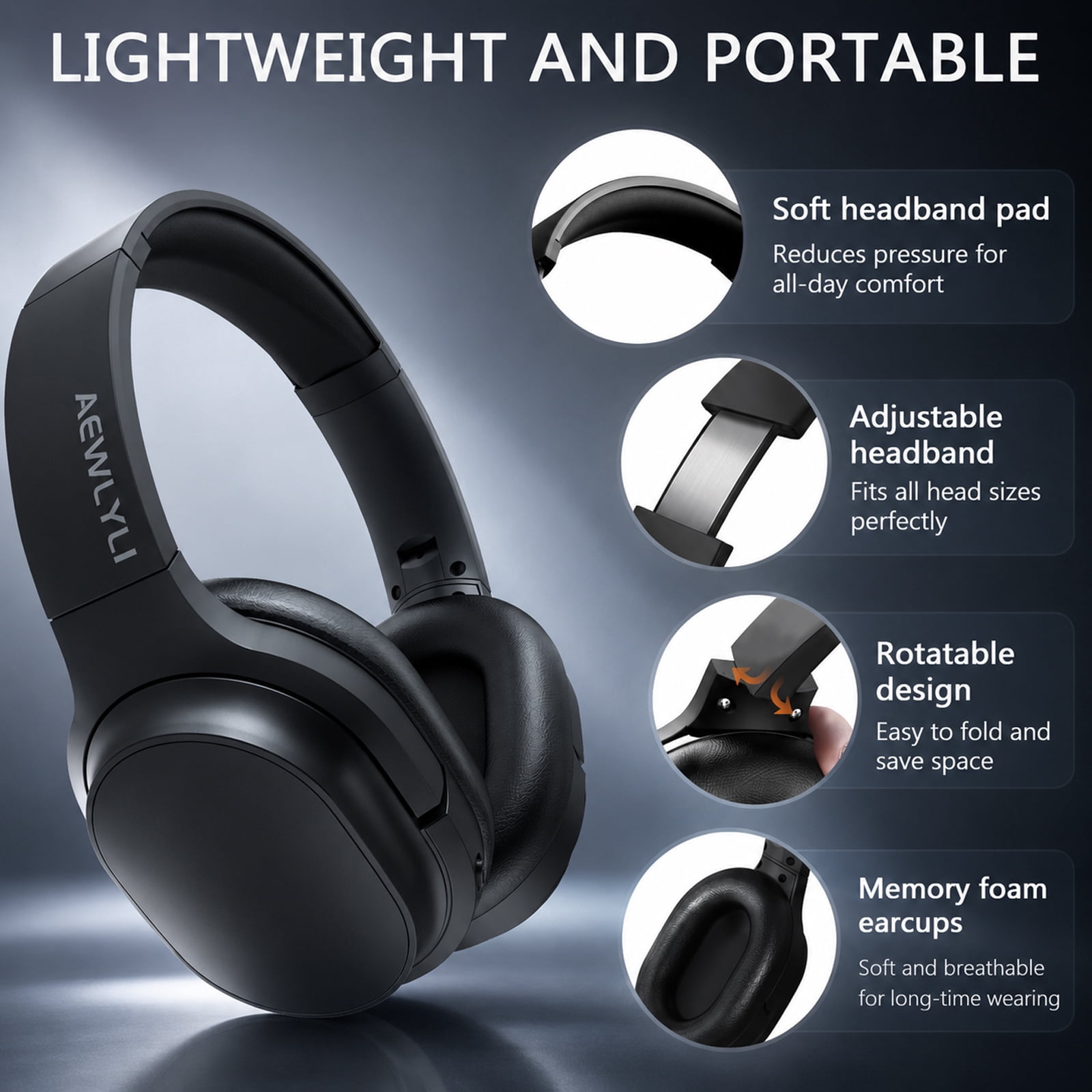 AEWLYLI Noise Cancelling Headphones, Foldable Over Ear Stereo Headset with Microphone, S31 Black