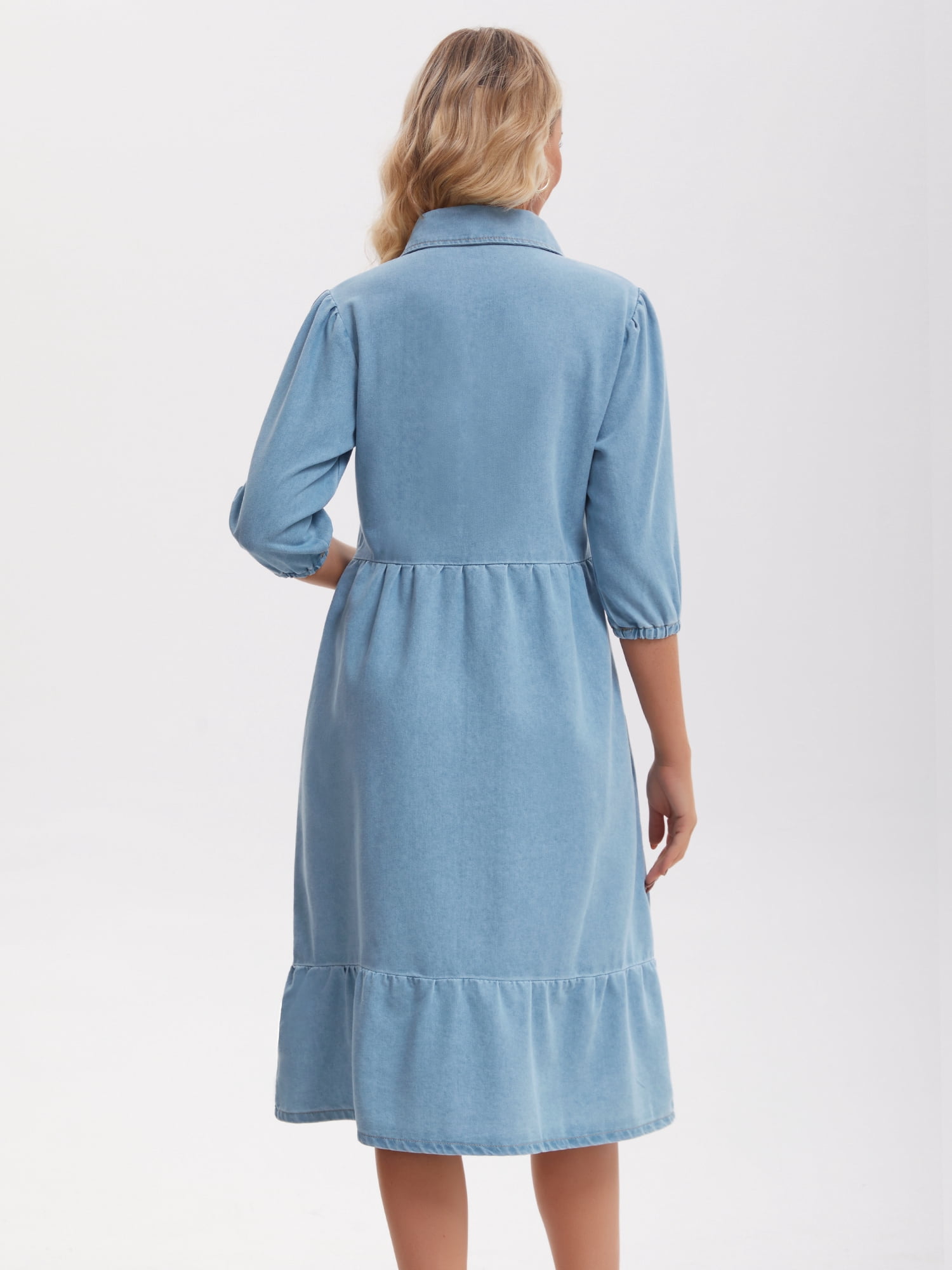DARING DIVA Women's 3/4 Sleeve Button Down Collar Swing Tiered Dress M Pale Blue