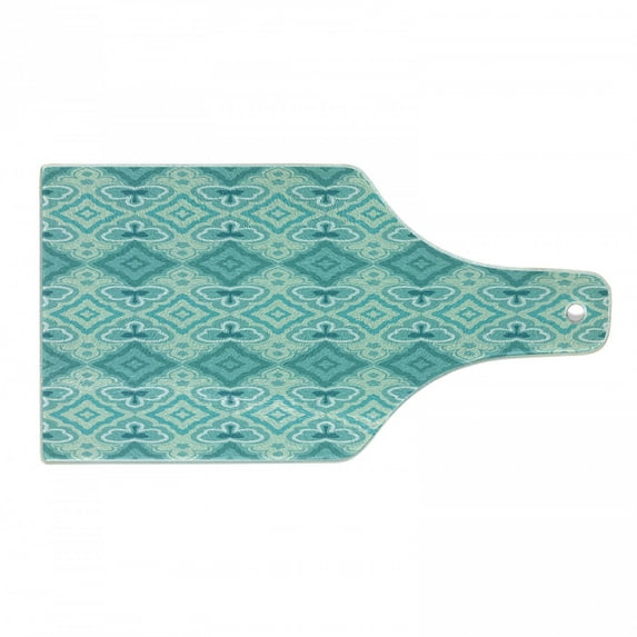 Teal Cutting Board, Abstract Geometric Pattern in Vintage Floral Design Historic Architectural Ornament, Tempered Glass Cutting and Serving Board, Wine Bottle Shape, Teal Beige, by Ambesonne