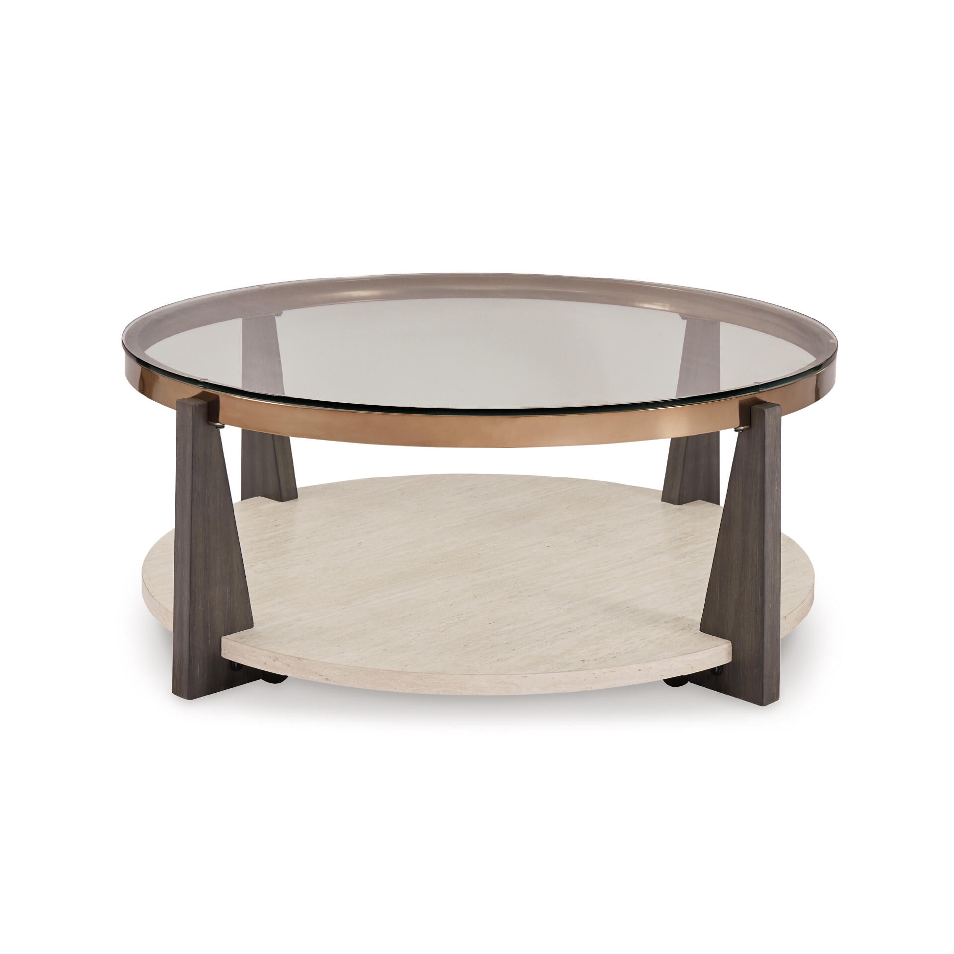 Signature Design by Ashley Frazwa Round Glasstop Coffee Table, Gray/Brown/Gold