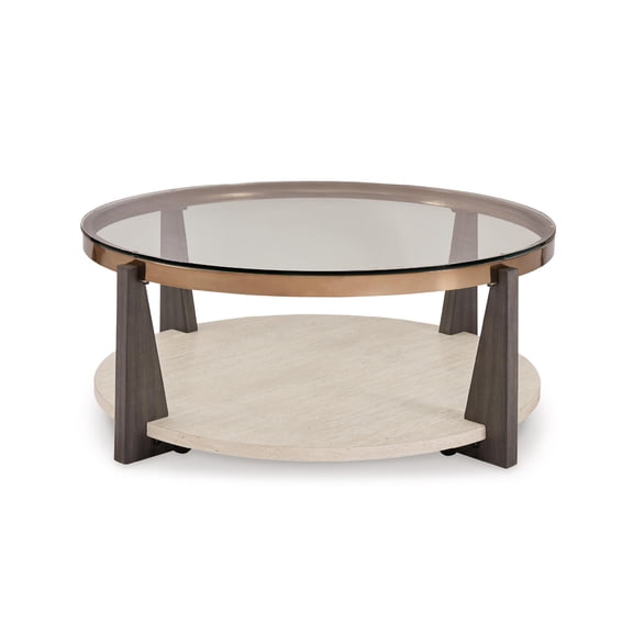 Signature Design by Ashley Frazwa Round Glasstop Coffee Table, Gray/Brown/Gold