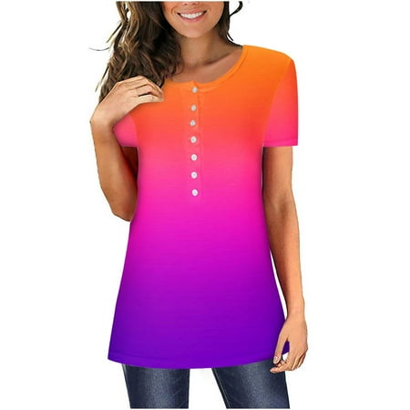 

kakina CMSX Womens Graphic Tees Trendy Casual Summer Printing Short Sleeves Round Neck Loose T-Shirt Tops Blouses Plus Size Clearance Hot Pink S