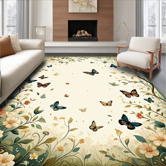Flatwoven High Traffic Area Rug, Butterfly Meadow, Non Slip, Stain Resistant, Washable Area Rugs for Living Room, Bedroom(Beige, 4X6)