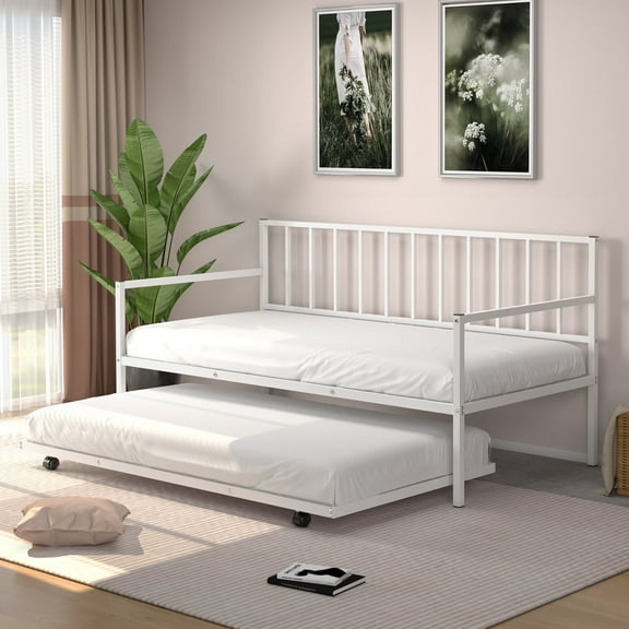 Costway Twin Metal Daybed with Roll Out Trundle Heavy Duty Frame Sofa Bed Set White