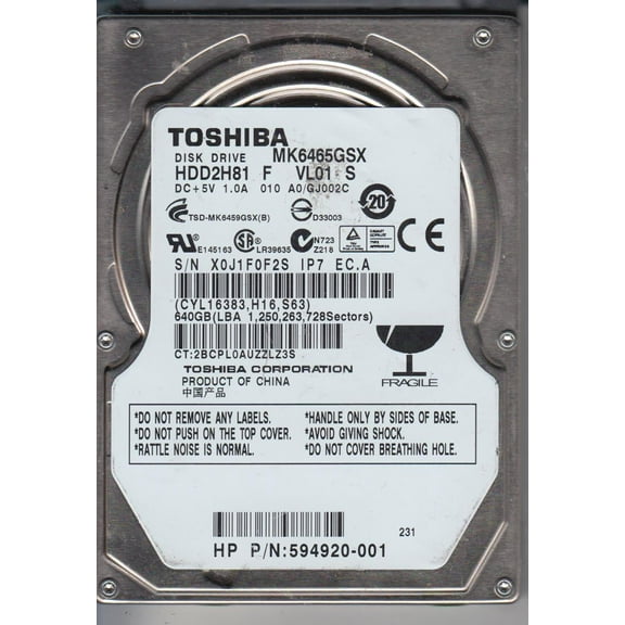 MK6465GSX, A0/GJ002C, HDD2H81 F VL01 S, Toshiba 640GB SATA 2.5 Hard Drive