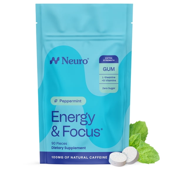 NeuroGum Extra Strength Energy & Focus Gum (90 Count Bag, Peppermint) | 100mg Natural Caffeine 