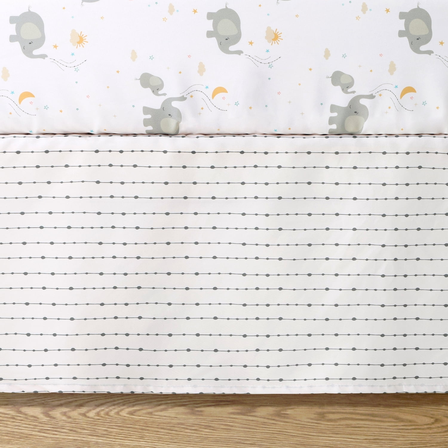 The Peanutshell Elephant Whimsy 3-Piece Baby Crib Bedding Set with Quilt Blanket, Crib Sheet, and Skirt